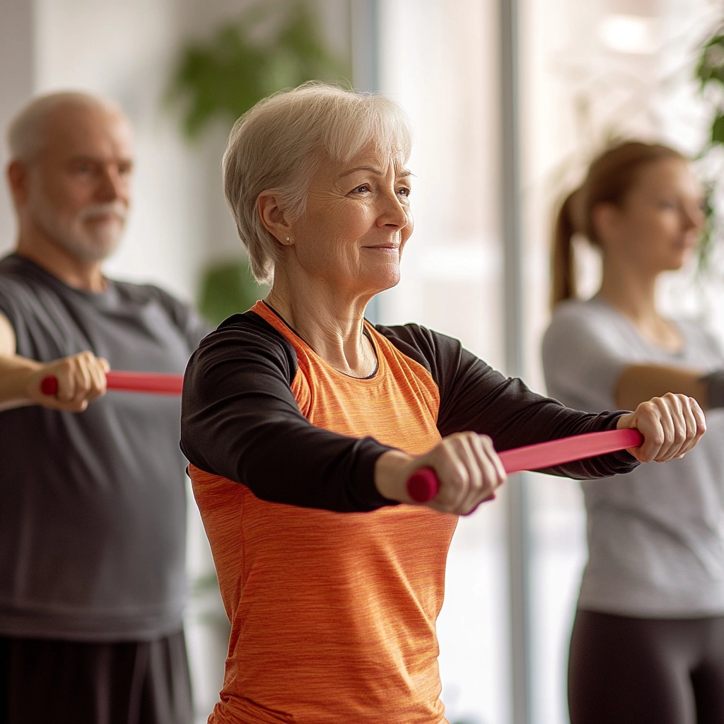 Літні люди виконують функціональні вправи з легкими гантелями