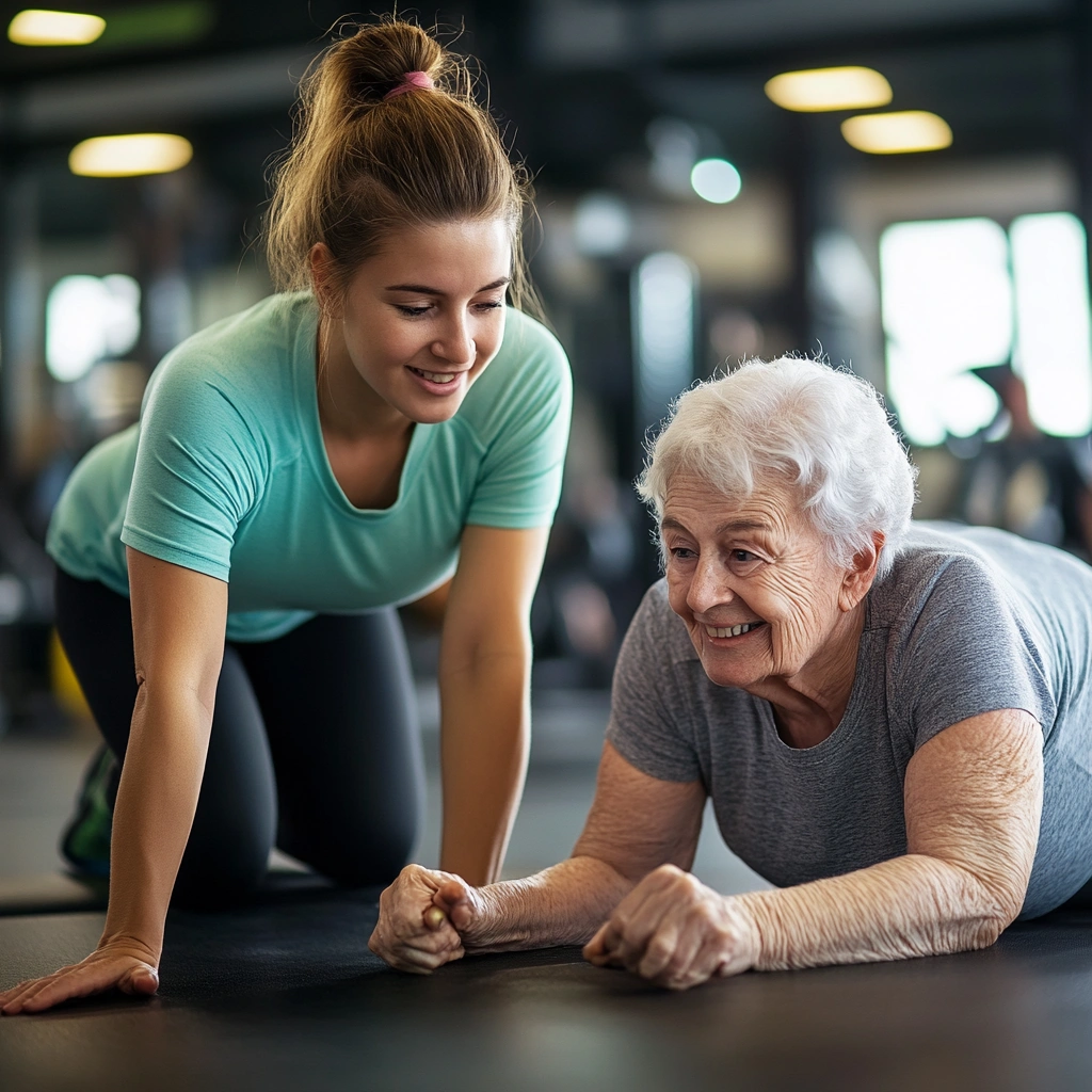 Професійний тренер допомагає літній жінці під час тренування